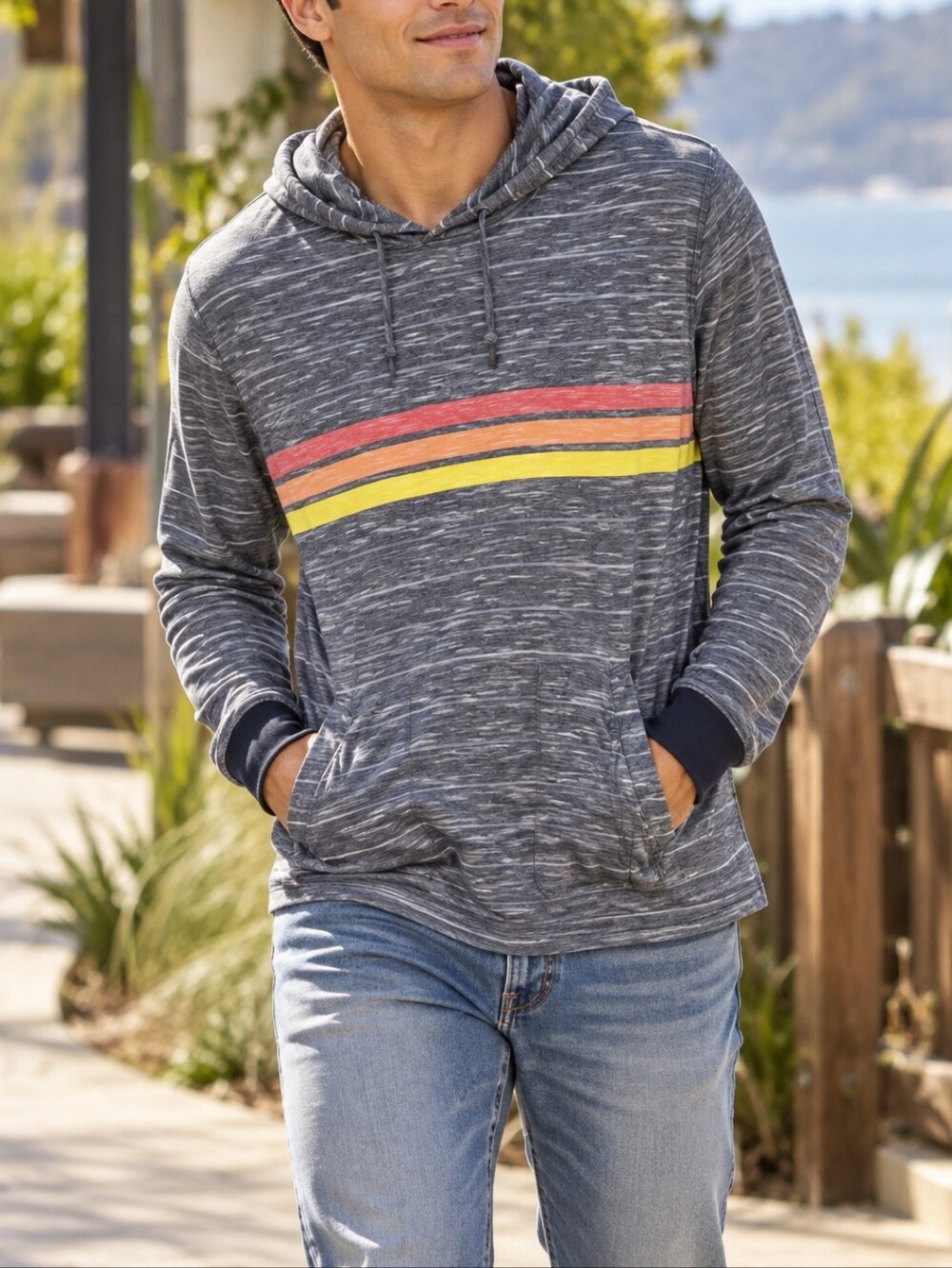 Rip Curl Men's Gray Striped Pullover Hoodie Orange Yellow Surf Skate Casual